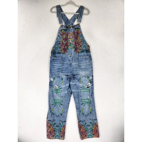 Monthorigin Overalls Womens Large Blue Floral Print Bibs Denim Distressed Casual - Picture 1 of 14